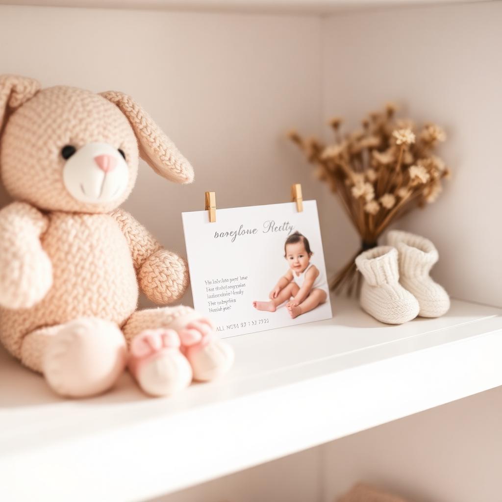 Baby announcement magnet on nursery shelf