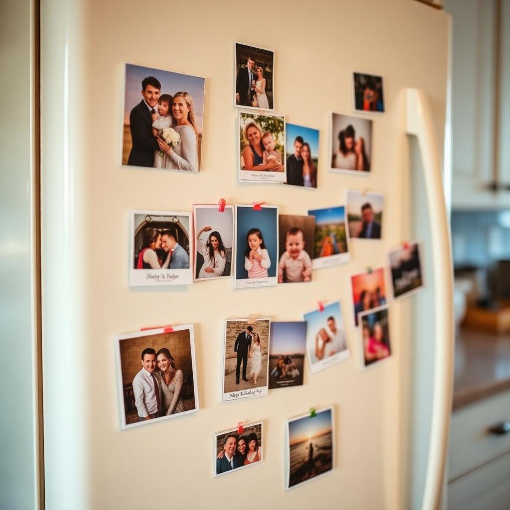 Fridge covered in custom photo magnets